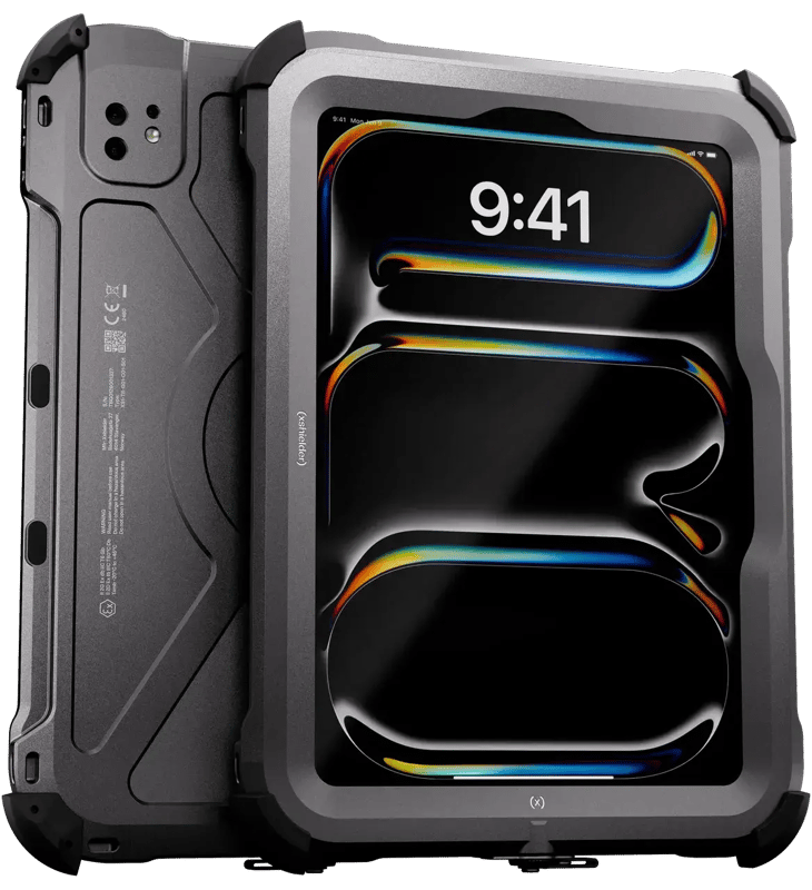 Render of the Xshielder explosion-proof cover for the iPad Pro 11 inch on a dark background