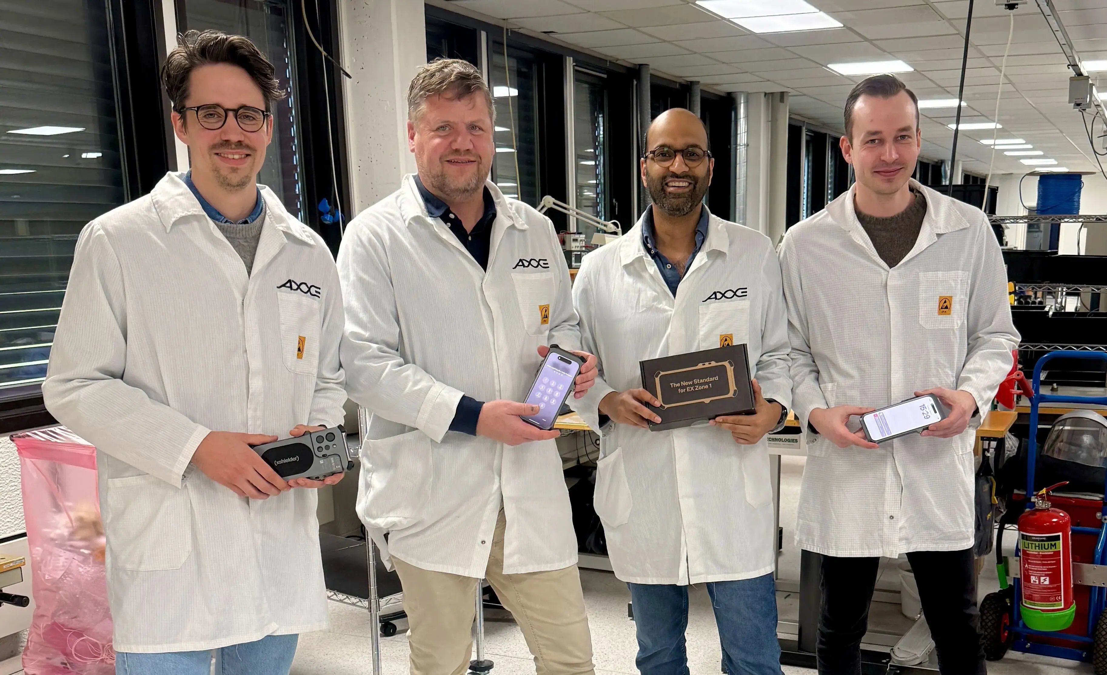 The photo shows the first Ex-certified Xshielder device delivered to Aker BP. From left: Thomas Kjesbu, Christian Rokseth, Osman Amith, and Andreas Mysen.