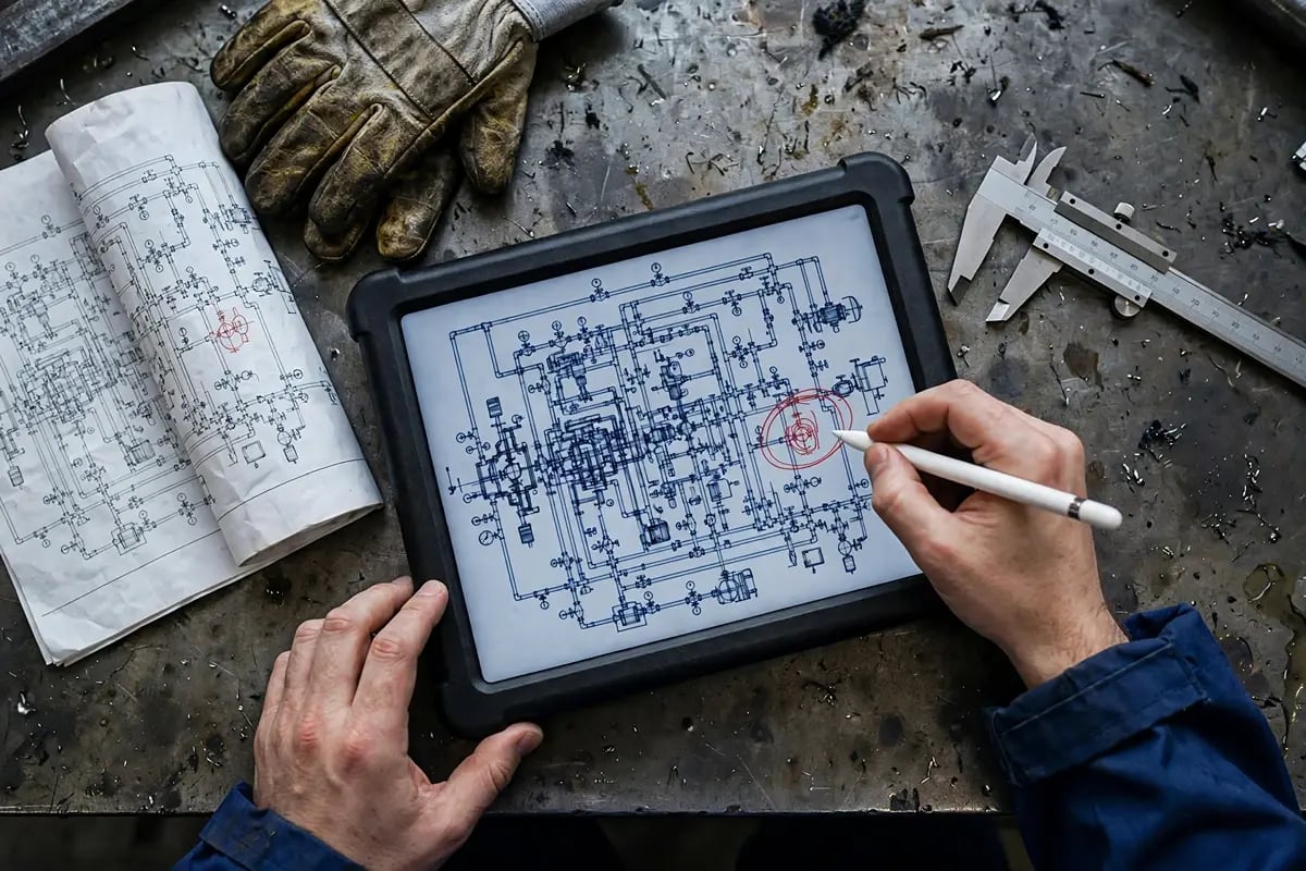 Overhead view of a stylus adding a red markup to a piping and instrumentation diagram on a tablet in a workshop