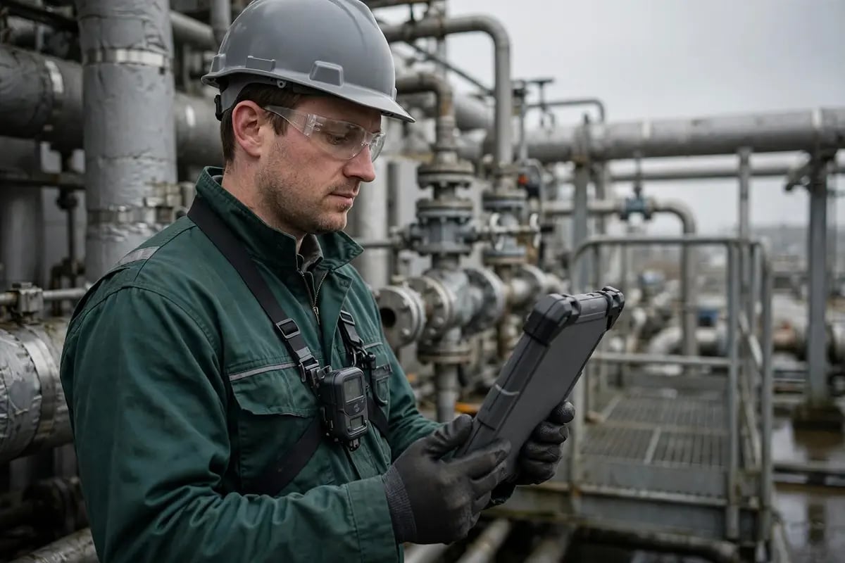 Field technician in flame-resistant coveralls and hard hat reading a work order on a tablet beside a valve manifold on a process module.
