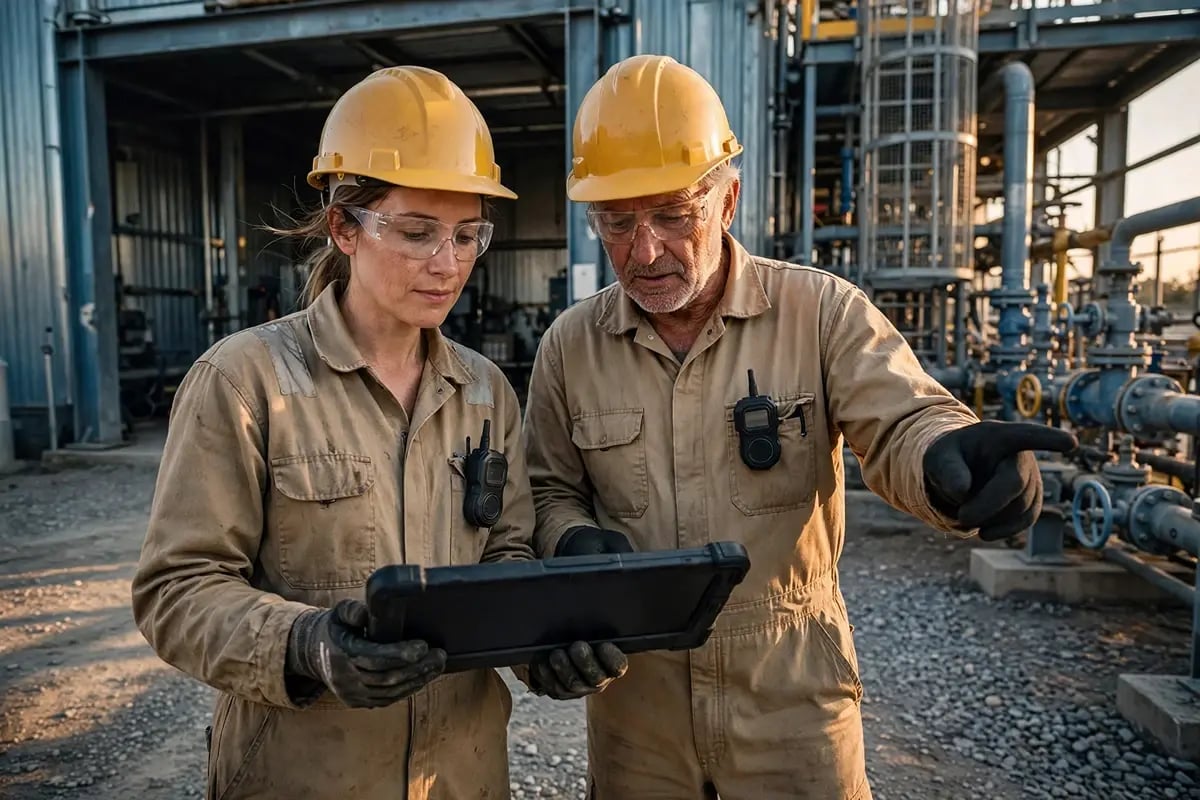 Two technicians reviewing a permit to work on a tablet at an isolation point outside a compressor house before starting work.