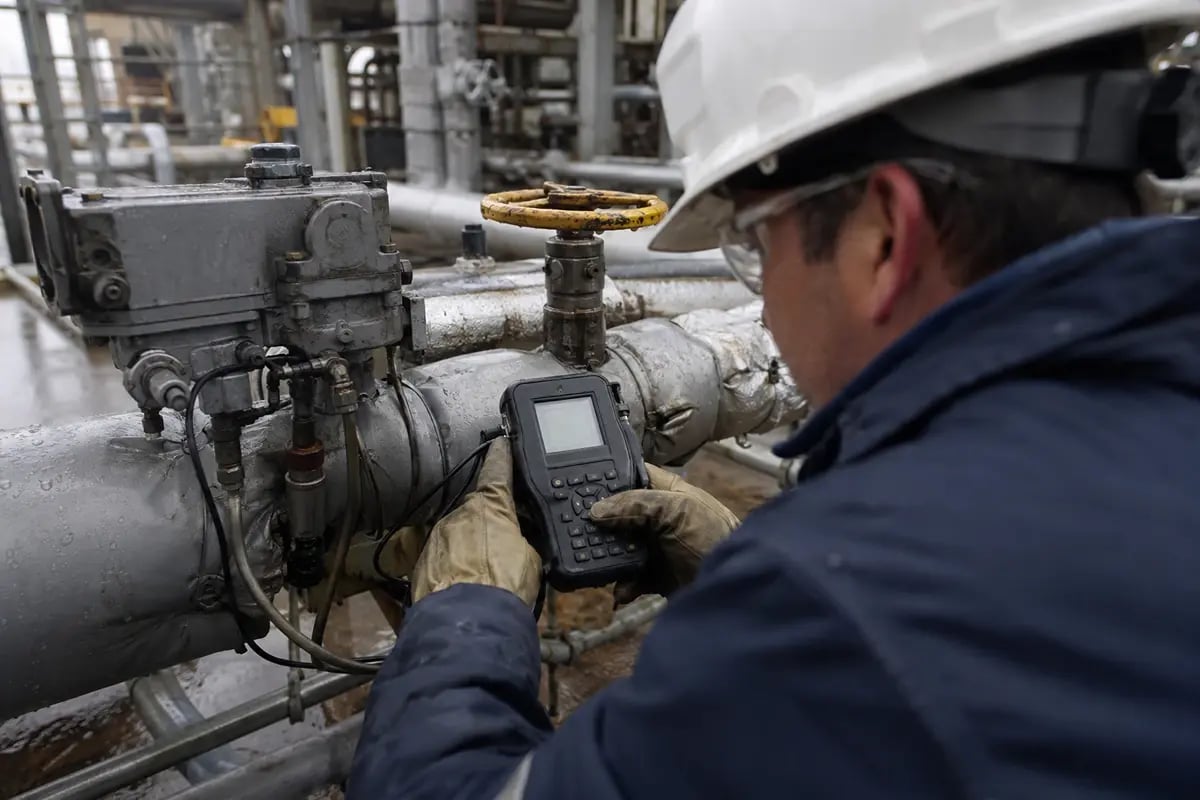 Field technician using a small handheld communicator on a control valve positioner in a refinery