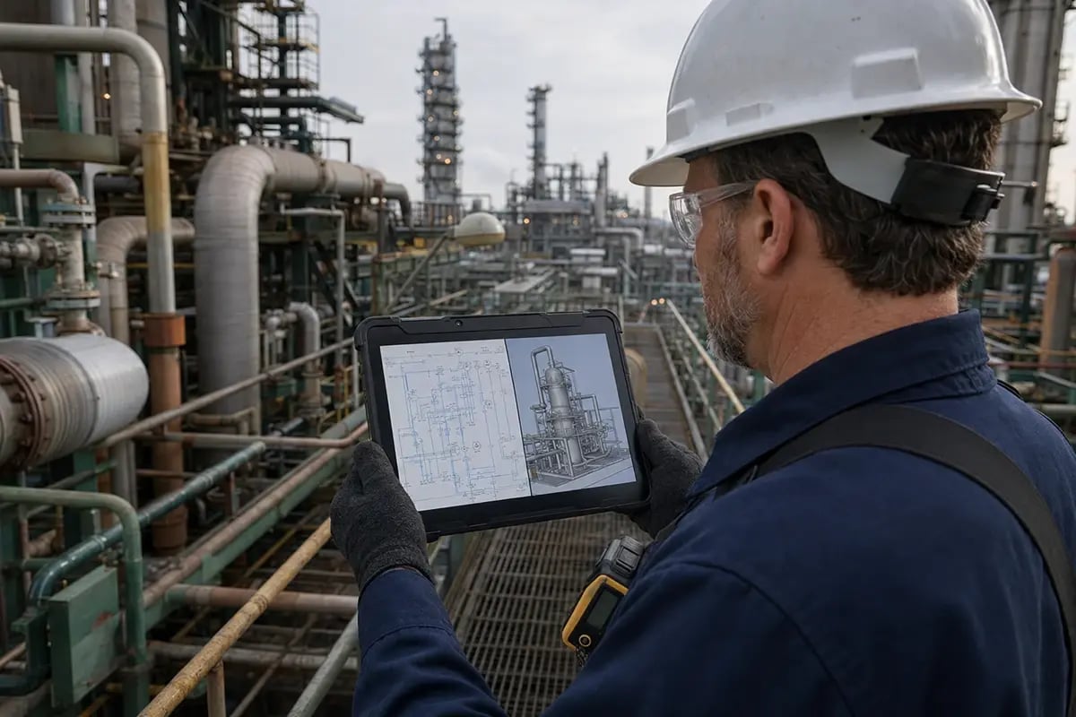 Process technician on a refinery walkway viewing a piping schematic and 3D asset model side by side on a rugged tablet