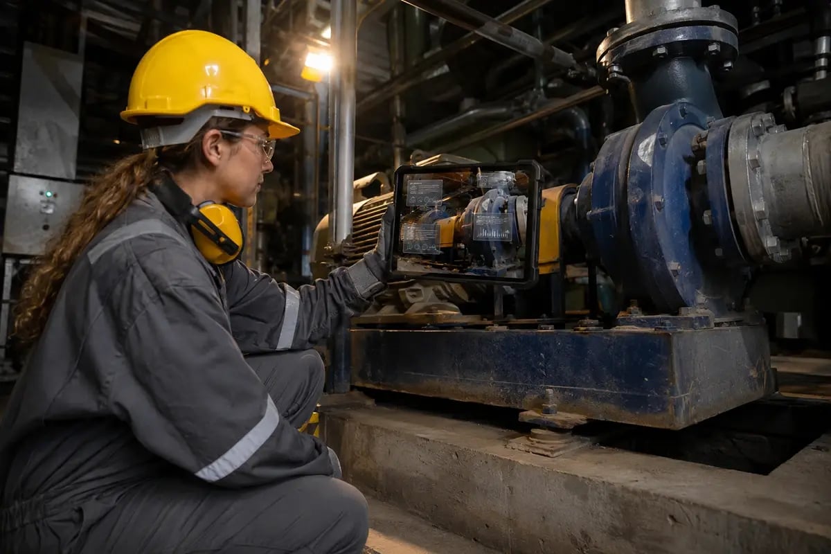 Maintenance engineer using a tablet to view augmented reality data overlaid on a pump inside an enclosed plant building