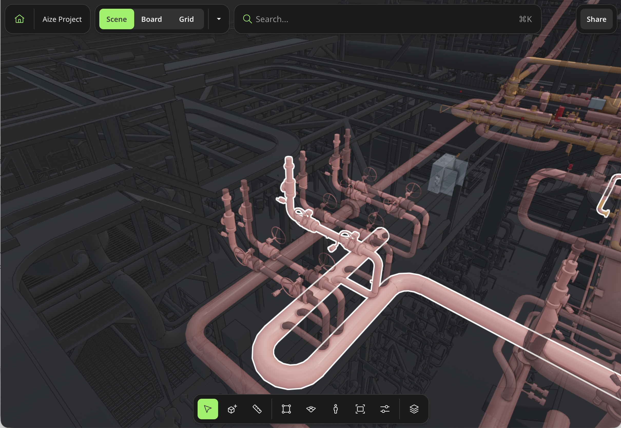 Aize on iPad: tracing a pipe route through the 3D model