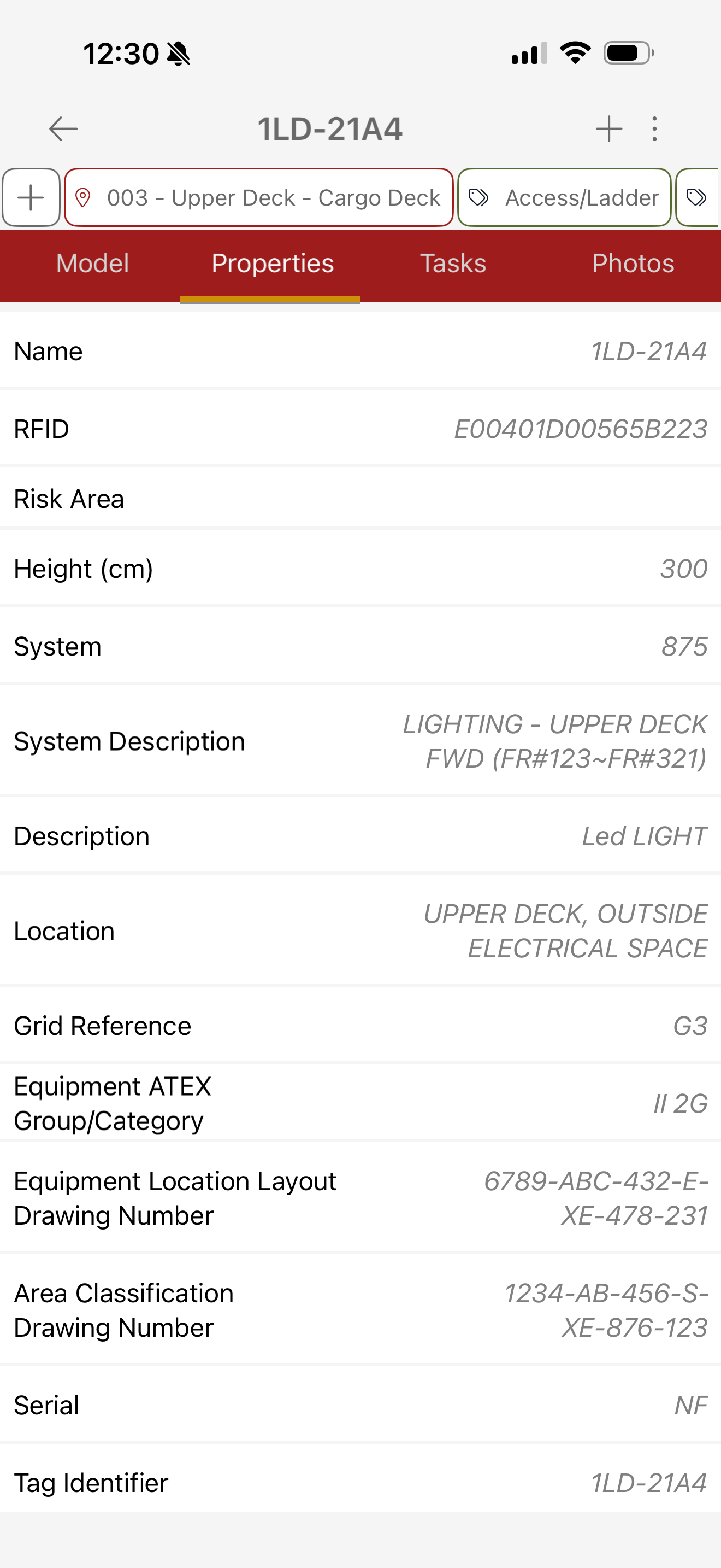 Inspectio on iPhone: equipment properties