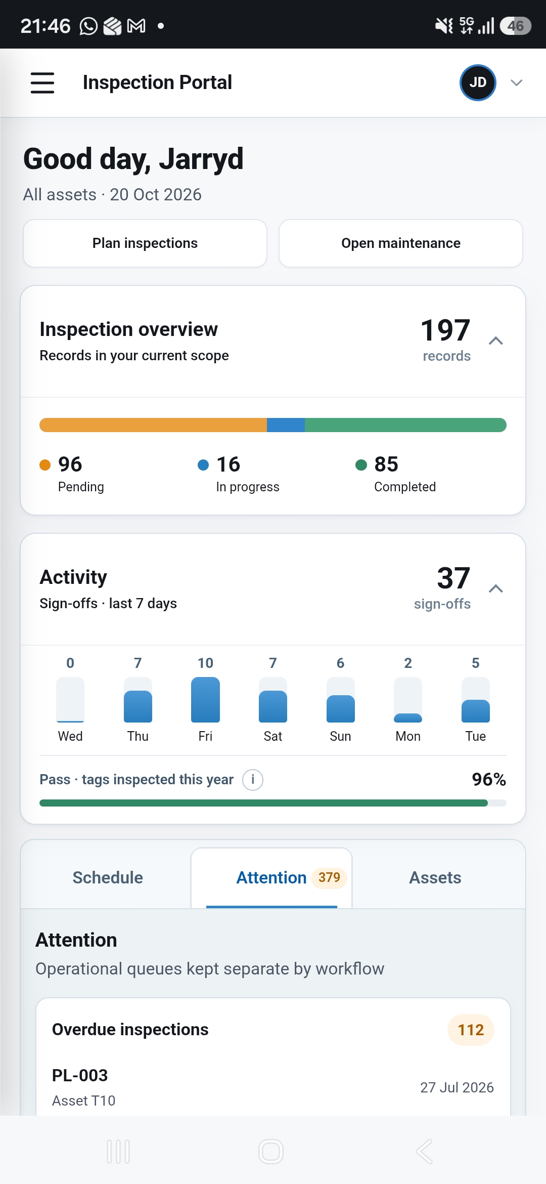 MantlCore on phone: inspection portal overview