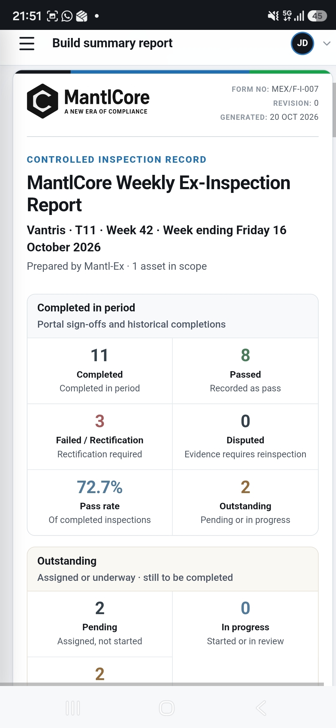 MantlCore on phone: weekly Ex inspection report